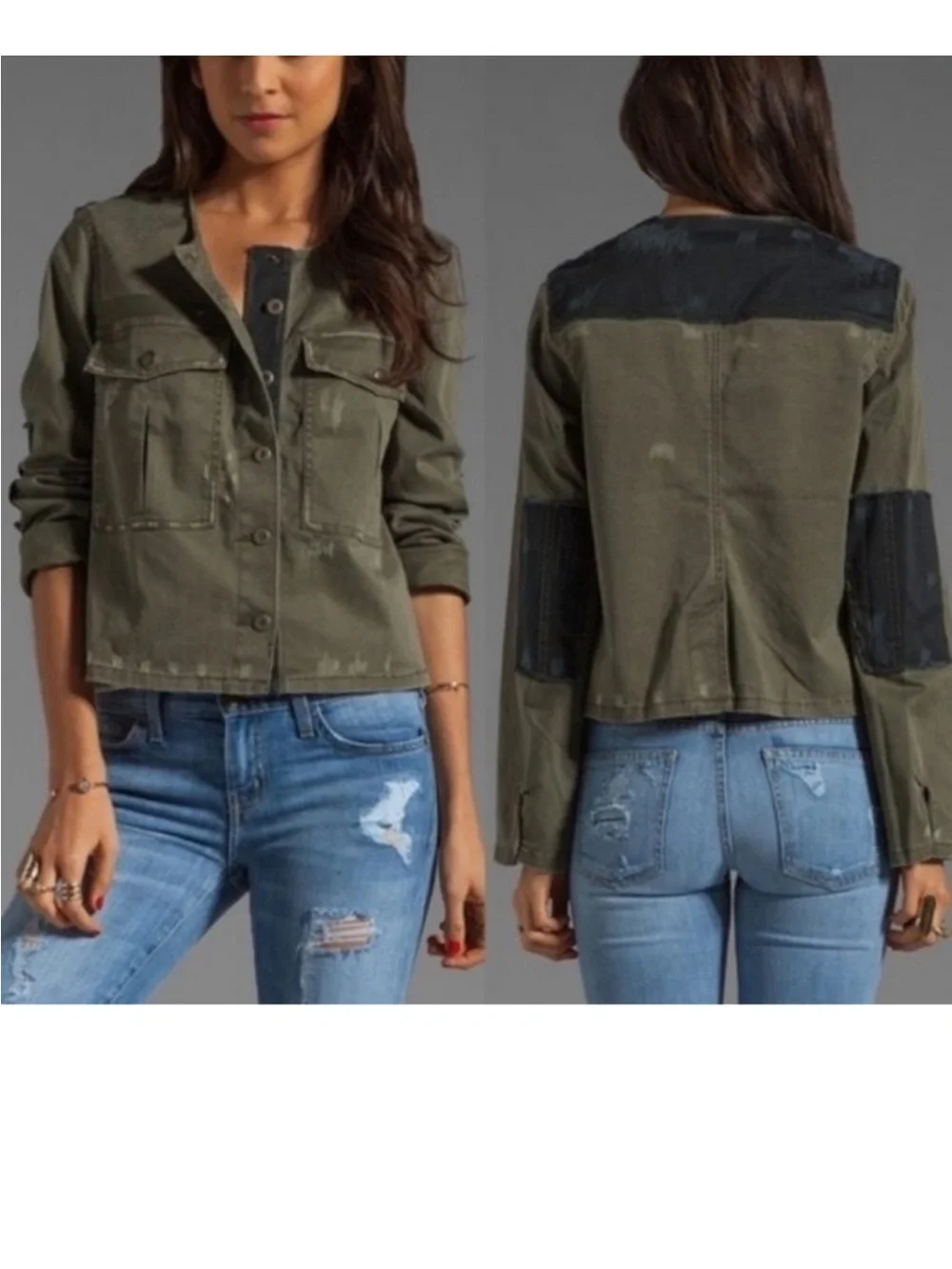 Free People LOU Olive Green/Black Accent Distressed Military Denim Jacket (XS) - Picture 11 of 12